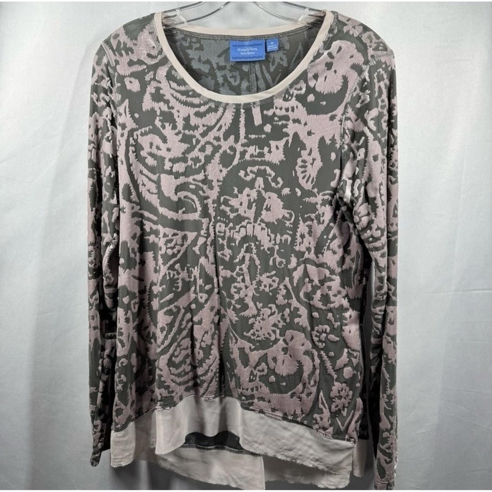 Simply Vera Vera Wang Shirt Womens‎ Medium Gray Pink Flocked Velvet Chiffon Hem